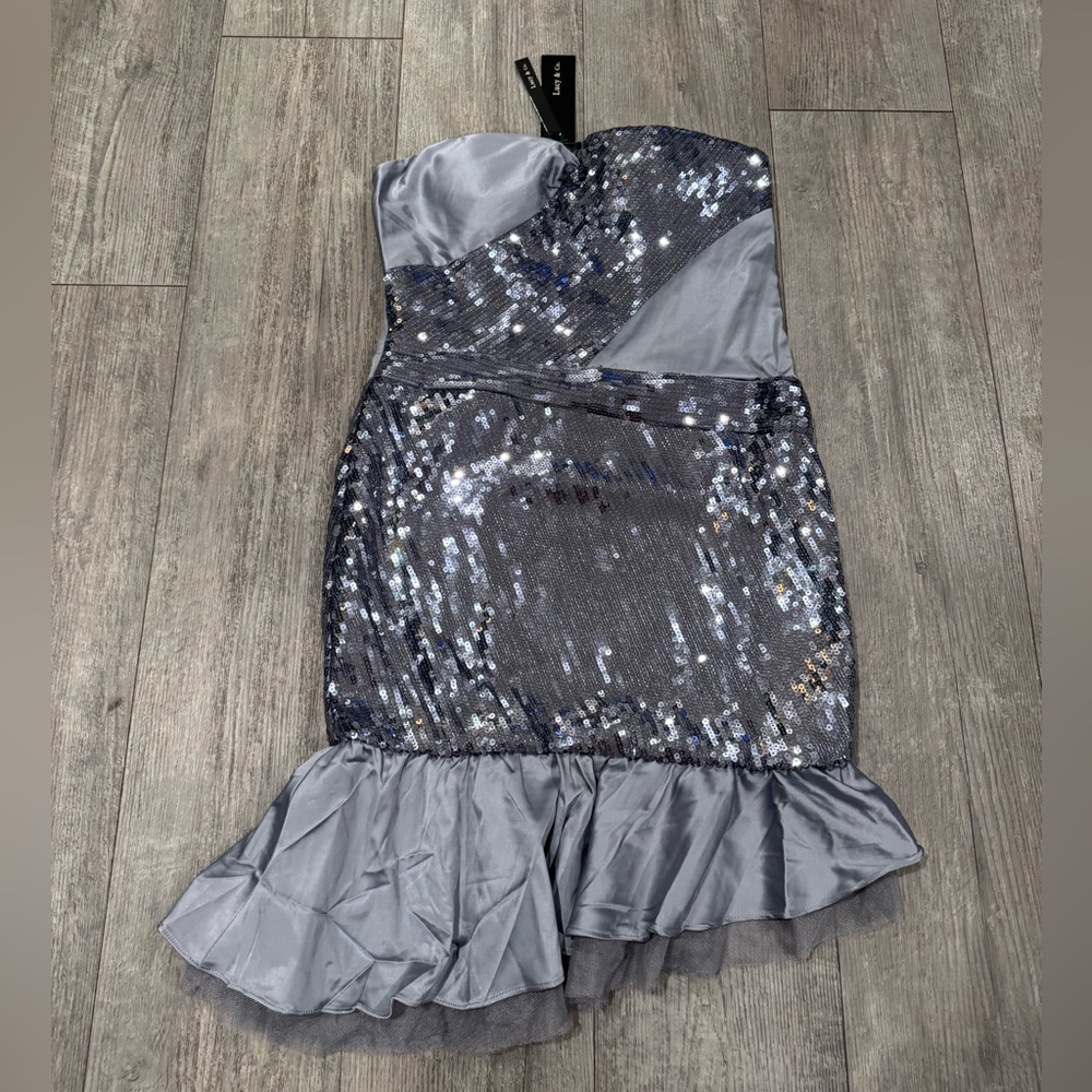 LUCY & CO. Silver Sequin Strapless Dress